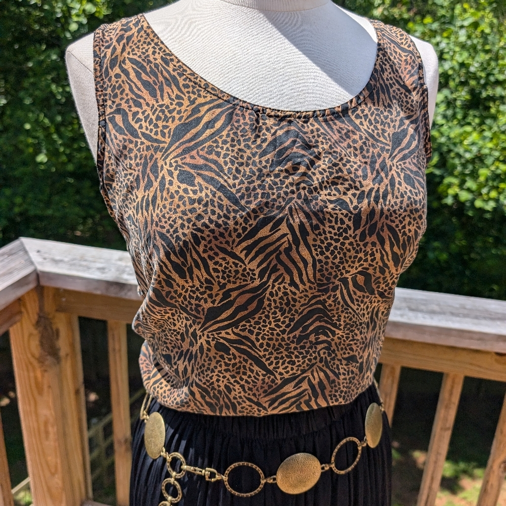 Vintage Animal Print Tank Top Silk Sleeveless Mob Wife Fran Drescher Small